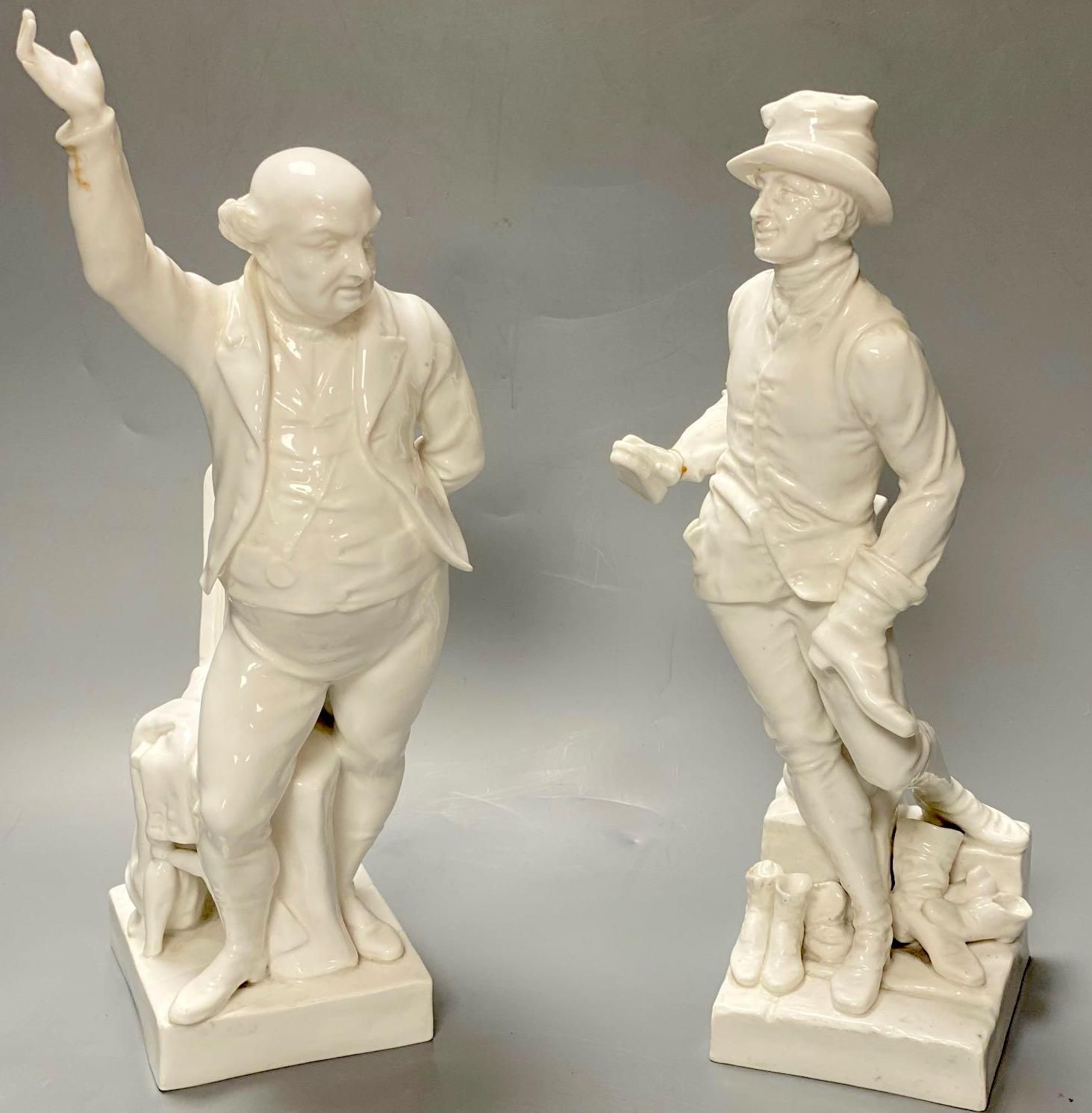 Two Crown Derby white glazed figures, 30 and 32.5cm, a group of Continental ceramics and a carved nut group